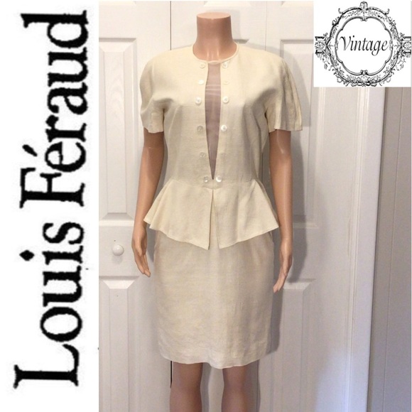 Vintage Louis Feraud Ivory Short Sleeve Silk Matka Peplum Dress Size 10 - Picture 1 of 10